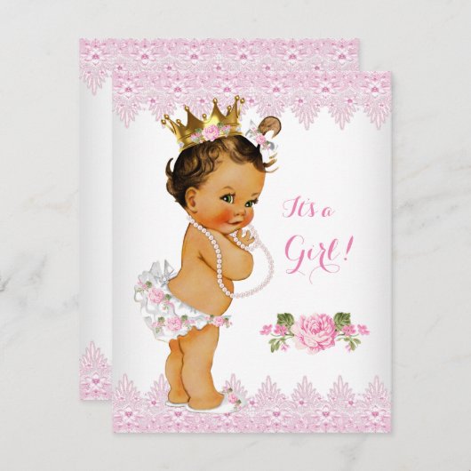 Princess Baby Dusche Rosa Schnürsenkel Weiß Brünet Einladung (Vorne/Hinten)