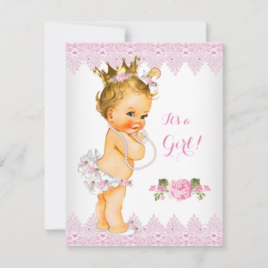 Princess Baby Dusche Rosa Schnürsenkel Weiße Blond Einladung (Vorderseite)