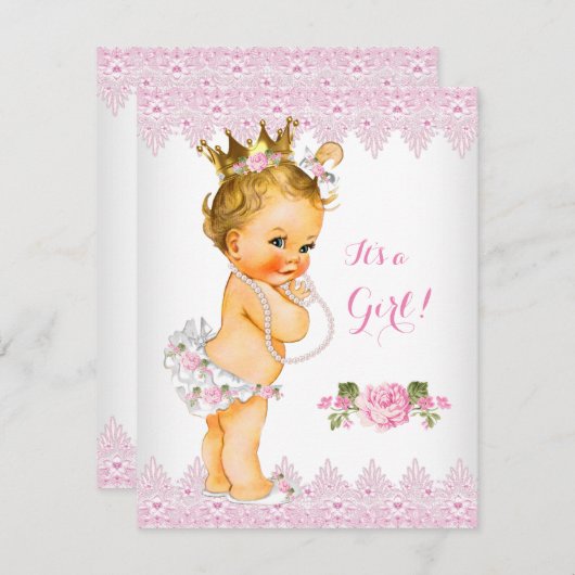 Princess Baby Dusche Rosa Schnürsenkel Weiße Blond Einladung (Vorne/Hinten)