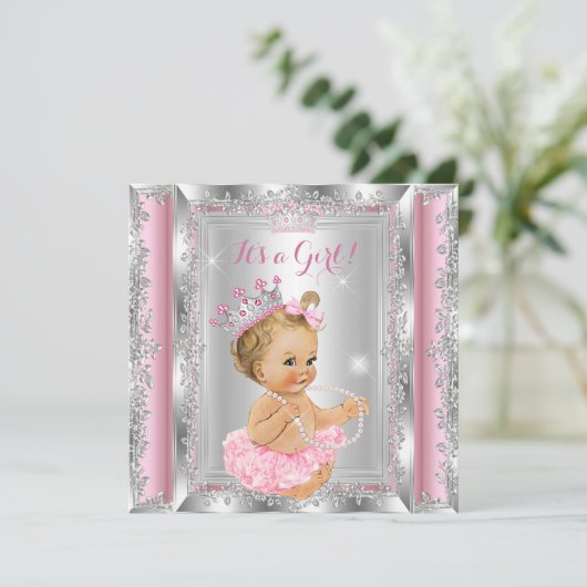 Princess Baby Dusche Rosa Silver Tutu Blonde Einladung (Stehend Vorderseite)