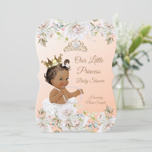 Princess Baby Duwer Coral Peach White Ethnic Einladung (Stehend Vorderseite)