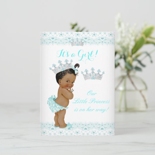 Princess Baby Shower Aqua White Tiara Ethnic Einladung (Stehend Vorderseite)