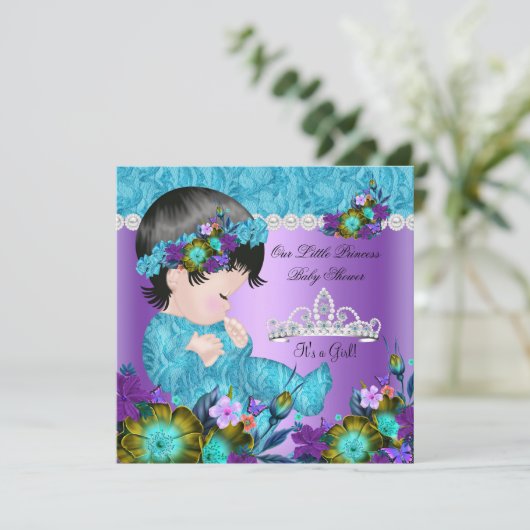 Princess Baby Shower Girl Aquamarin Blue Lila Neu Einladung (Stehend Vorderseite)