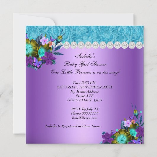 Princess Baby Shower Girl Aquamarin Blue Lila Neu Einladung (Rückseite)