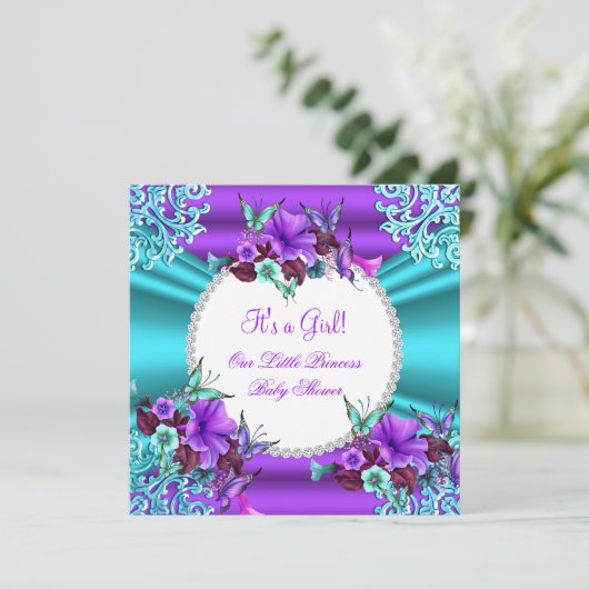 Princess Baby Shower Girl Aquamarine Lila Blüte 4 Einladung (Stehend Vorderseite)