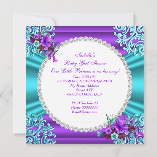 Princess Baby Shower Girl Aquamarine Lila Blüte 4 Einladung (Rückseite)