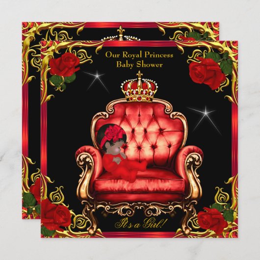 Princess Baby Shower Girl Gold Rote Rose Chair 4 Einladung (Vorne/Hinten)