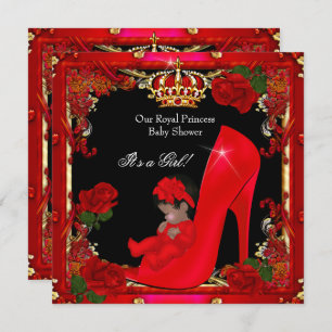 Princess Baby Shower Girl Gold Rote Rose Shoe 2a Einladung