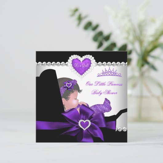 Princess Baby Shower Girl Lila Diamond Hearts Einladung (Stehend Vorderseite)