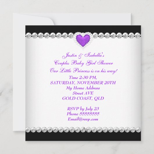 Princess Baby Shower Girl Lila Diamond Hearts Einladung (Rückseite)