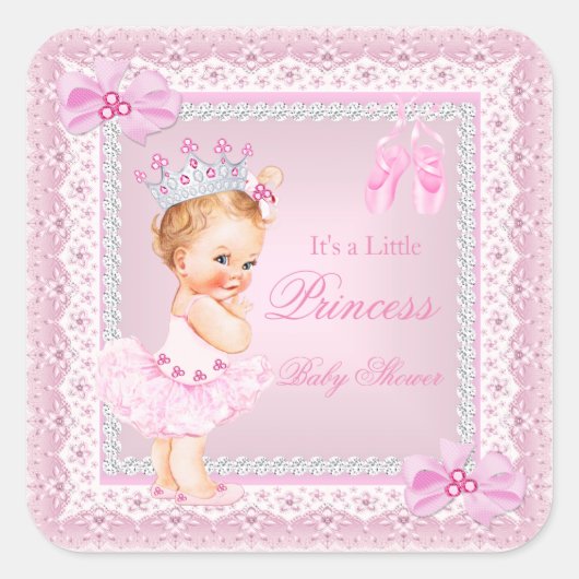 Princess Baby Shower Girl Pink Ballerina Blonde Quadratischer Aufkleber (Vorderseite)