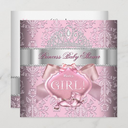 Princess Baby Shower Girl Pink Damask Tiara 2 Einladung (Vorne/Hinten)
