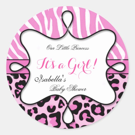Princess Baby Shower Girl Pink Leopard Zebra Runder Aufkleber (Vorderseite)