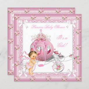 Princess Baby Shower Girl Pink Pearls Brünett Einladung