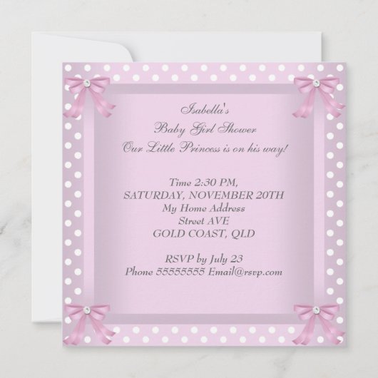 Princess Baby Shower Girl Pink Polka Dots Bow Einladung (Rückseite)