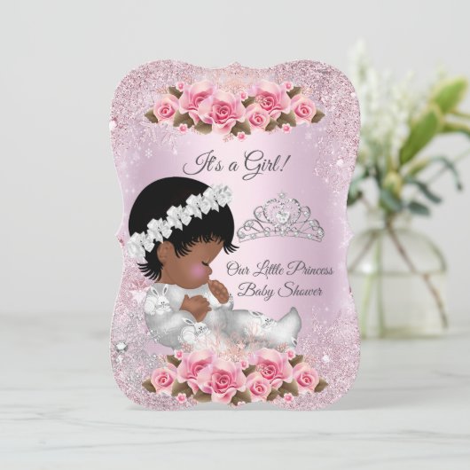 Princess Baby Shower Girl Pink Roses ethnische Einladung (Stehend Vorderseite)