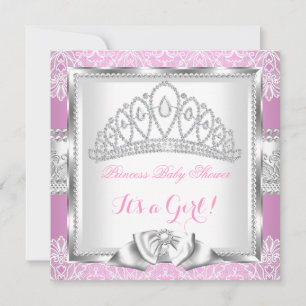 Princess Baby Shower Girl Pink Silver Lace 2 Einladung