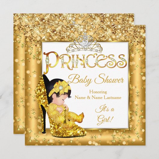 Princess Baby Shower Gold High Heel Glitzer Medium Einladung (Vorne/Hinten)