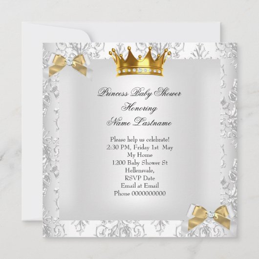 Princess Baby Shower Gold Silver Damask Ethnisch Einladung (Rückseite)