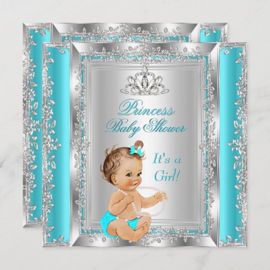 Princess Baby ShowParty Aquamarin Silver Brünett Einladung (Vorne/Hinten)