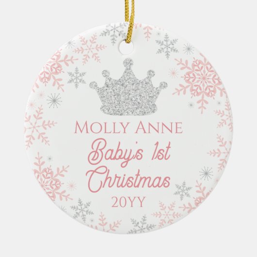 Princess Baby's 1. Weihnachts Pink Silver Glitzer Keramik Ornament (Vorne)