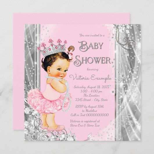 Princess Ballerina Pink Silver Baby Dusche Einladung (Vorne/Hinten)