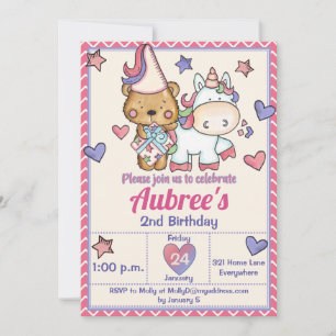 Princess Bear and Unicorn - Einladung zum Geburtst