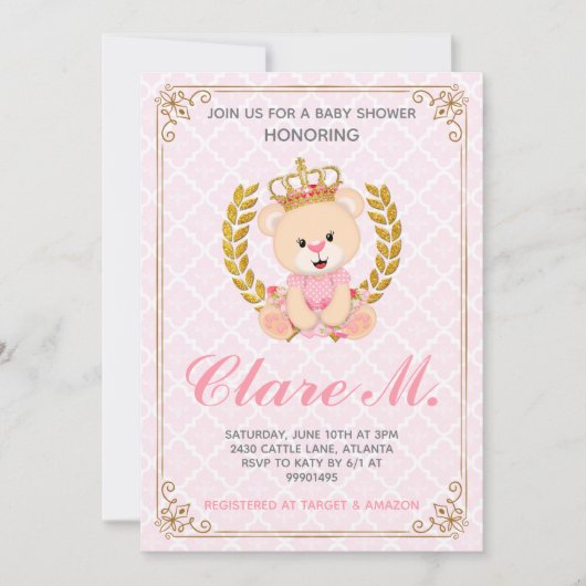 Princess Bear Baby Shower Einladung (Vorderseite)