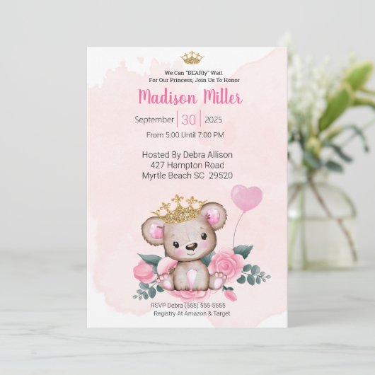 Princess Bear Pink Blumendusche Einladung (Stehend Vorderseite)