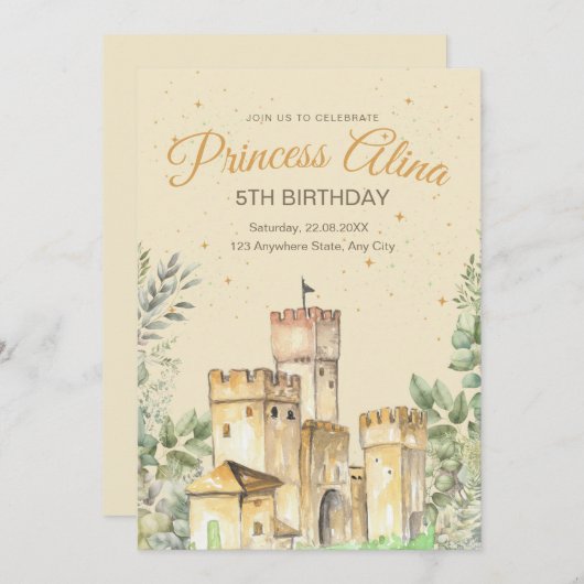 Princess Birthday Einladung Princess Burg Girl (Vorne/Hinten)