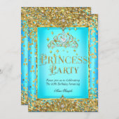 Princess Birthday Party Aquamarin Blue Gold Tiara Einladung (Vorne/Hinten)