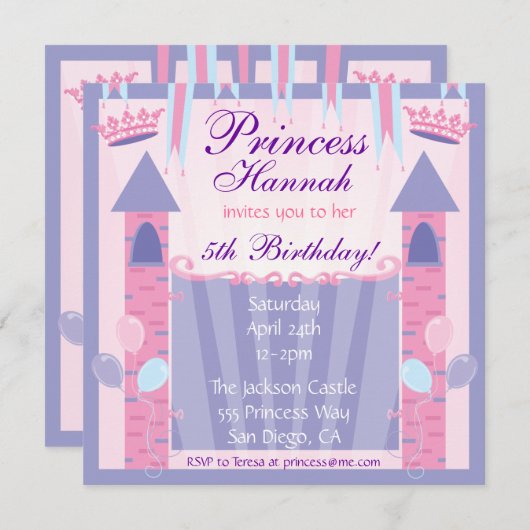 Princess Birthday Party Einladung Burg (Vorne/Hinten)