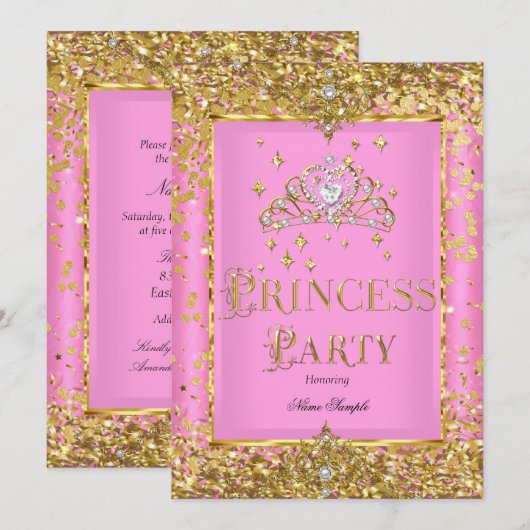 Princess Birthday Party Pink Gold Tiara Einladung (Vorne/Hinten)