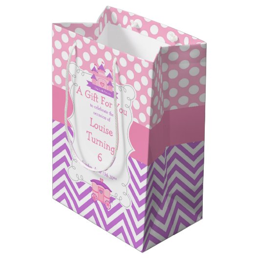 Princess Birthday Party Pink und Lila danke Mittlere Geschenktüte (Rückseite Schrägansicht)