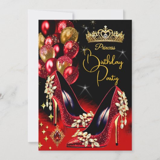 Princess Birthday Red Glitzer High Heels Crown Einladung (Vorderseite)