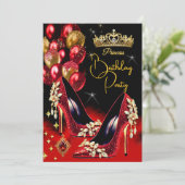 Princess Birthday Red Glitzer High Heels Crown Einladung (Stehend Vorderseite)