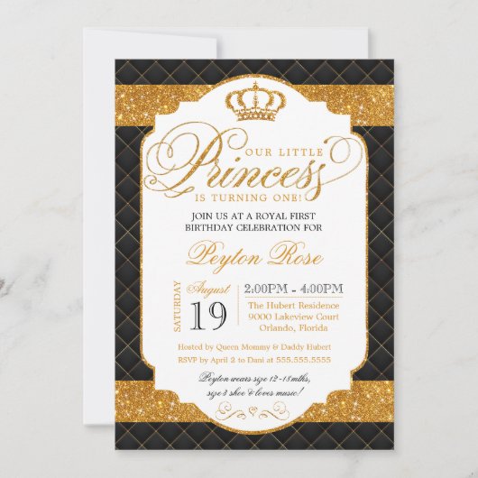 Princess Black & Gold Luxury Geburtstag Einladung (Vorderseite)