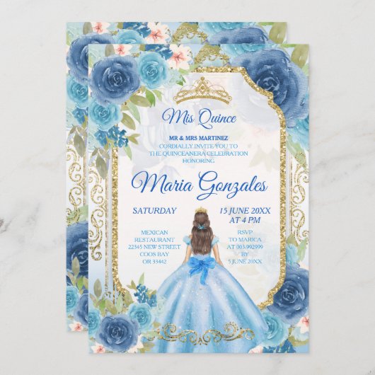 Princess Blue Rose Mexikanisch 15 Anos Einladung (Vorne/Hinten)