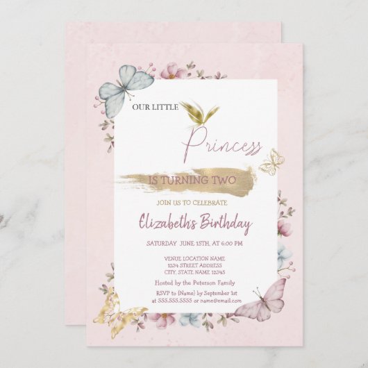 Princess Blume Schmetterlinge Rosa Geburtstag Einladung (Vorne/Hinten)