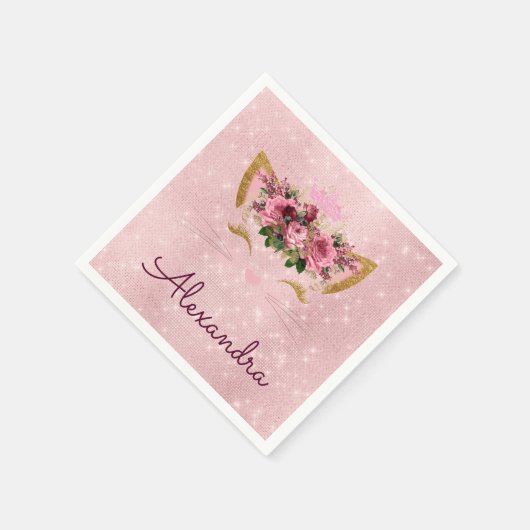 Princess Blush Pink Sparky Kitty Monogram Serviette (Ecke)