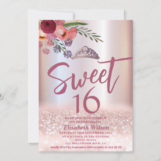 Princess Boho floral Girly Rose Goldglitterie Einladung (Vorderseite)