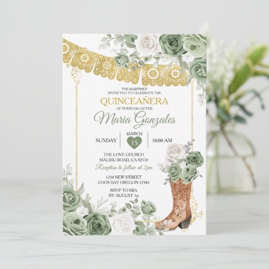 Princess Boot Sage Green Quinceañera Einladung (Stehend Vorderseite)