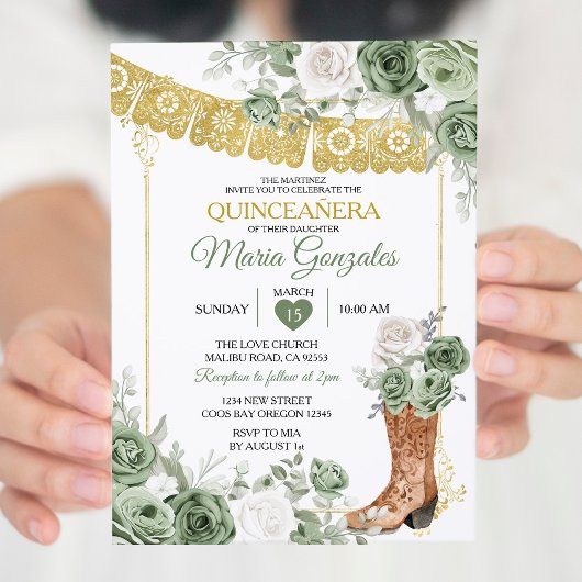 Princess Boot Sage Green Quinceañera Einladung