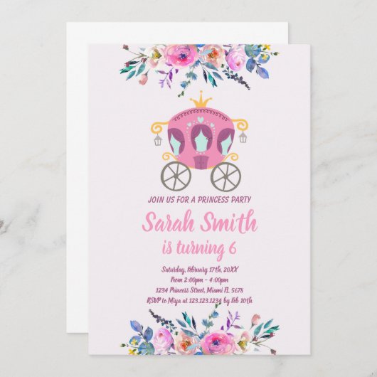 Princess Carriage Birthday Einladung (Vorne/Hinten)