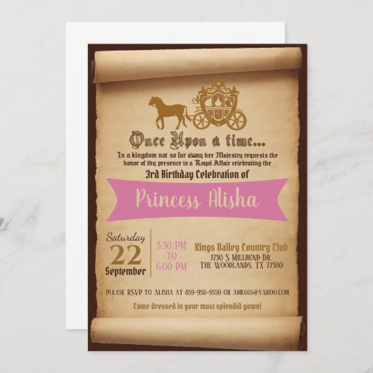 Princess Carriage Birthday Einladung (Vorne/Hinten)