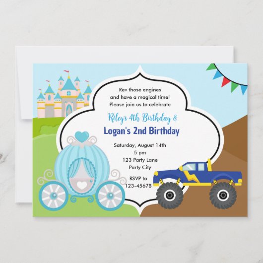 Princess Carriage & Monster Truck Gemeinsamer Gebu Einladung (Vorderseite)