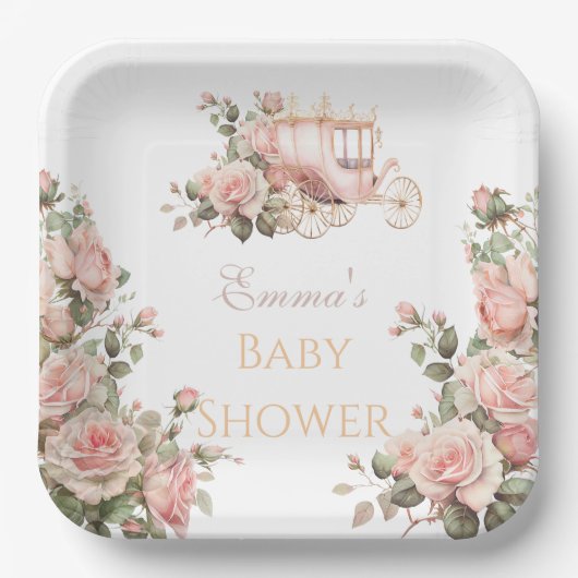 Princess Carriage Vintag Pink Roses Baby Dusche Pappteller (Vorderseite)