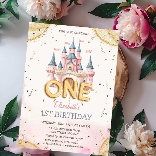 Princess Castle Confetti Watercolor 1st Birthday Einladung