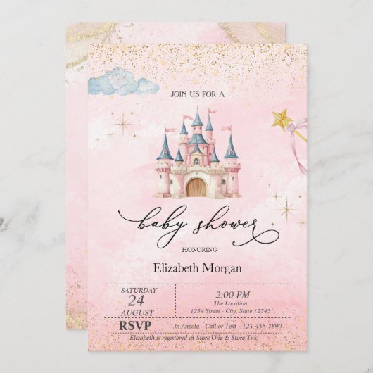 Princess Castle Gold Dust Pink Baby Shower   Einladung (Vorne/Hinten)