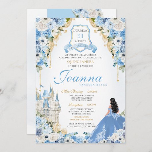 Princess Castle Light Blue Aschenputtel Quinceaner Einladung (Vorne/Hinten)